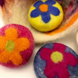 Flowered Felted Soaps nested in wool bowl